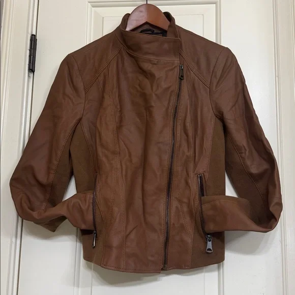 Andrew Marc Genuine Leather Moto Jacket Brown Asymmetrical Zip Size M - Picture 2 of 7